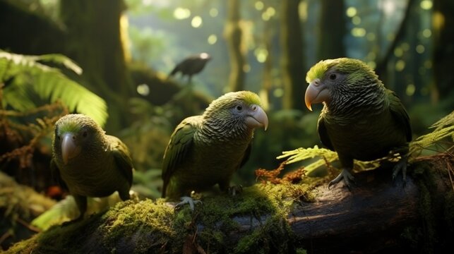 A group of Kakapos foraging for food on the forest floor, with their beaks digging into the earth.