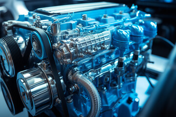  A close-up view of a hybrid car engine, gleaming components work harmoniously, signifying leaps in...