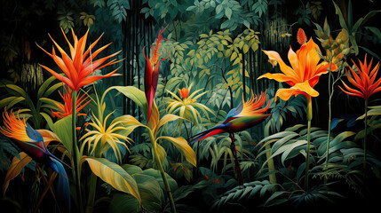 Fototapeta na wymiar A bird of paradise plant subtly camouflaged amidst similarly vibrant tropical flora Ai Generative