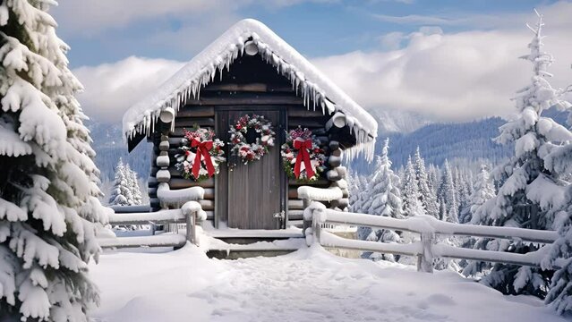 A snowy scene at the top of a mountain, with a lone cabin covered in icicles and a wreath hanging on the door.
