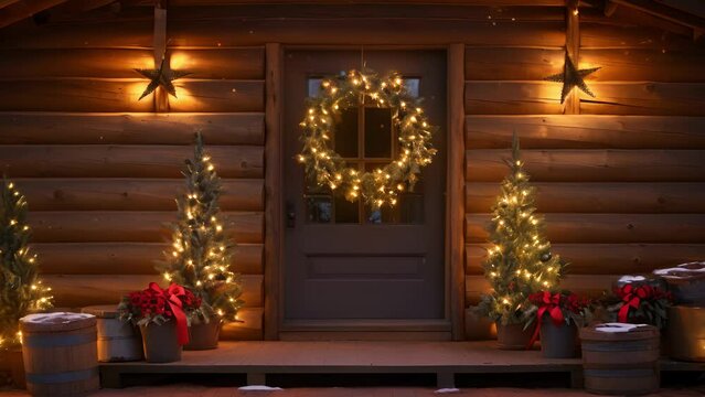 The starry night sky glimmers above a rustic cabin adorned with a garland of fresh pine and a wreath on the door, inviting in the festive spirit.