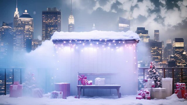Closeup of a festive photo booth on the rooftop, with props and backdrops for capturing the perfect holiday memories. The city skyline serves as a stunning background for the photos.