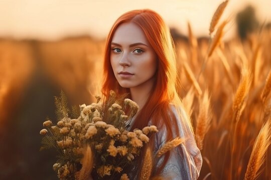 Red Haired Woman In Wheat Field. Summer Nature Beautiful Sunny Field. Generate Ai