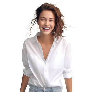 Studio portrait of laughing excited beautiful girl in stylish outfit. Pretty young woman with shiny long brunette hair on white background. Happiness positivity and fun concept
