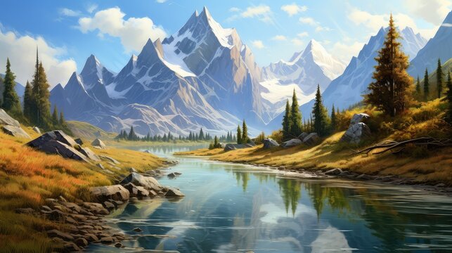 Lake Reflection River Alpine Landscape Illustration Sky Nature, Mountain View, Scenic Travel Lake Reflection River Alpine Landscape