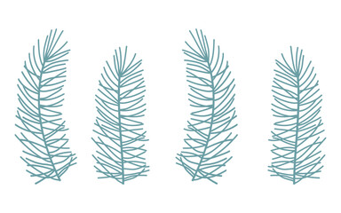 Set of green fir branches isolated on transparent and white background. Spruce and pine. Close-up element for design decoration. Vector flat illustration. Evergreen coniferous plant.