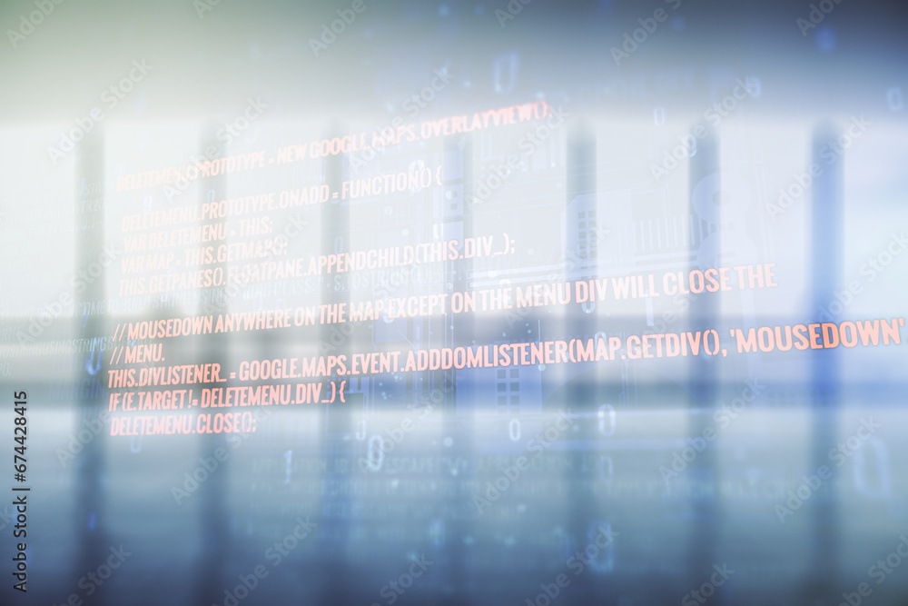 Aufkleber Double exposure of abstract creative programming illustration on empty room interior background, big data and blockchain concept
