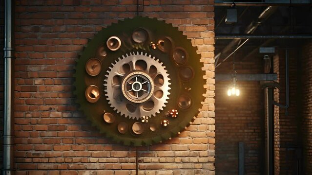 A festive wreath made entirely of gears, cogs, and chains, hanging on a brick wall in an industrial loft apartment.