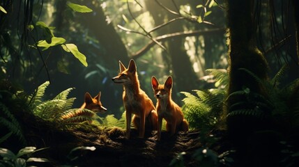 A Maned Wolf family playfully interacting in the lush underbrush of a rainforest, their long, slender legs in full view. - obrazy, fototapety, plakaty