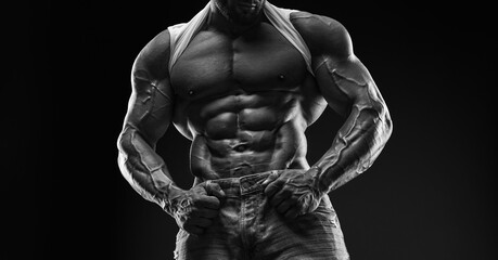 Fototapeta na wymiar Muscular male torso. Perfect fit, six pack, abs, shoulders, deltoids, biceps, triceps and chest. Black and white image