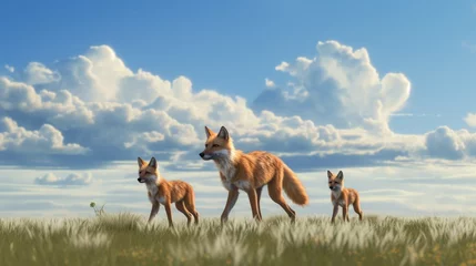 Foto op Canvas A Maned Wolf family, their long legs moving gracefully across the open grasslands under a vast, cloud-studded sky. © Habib