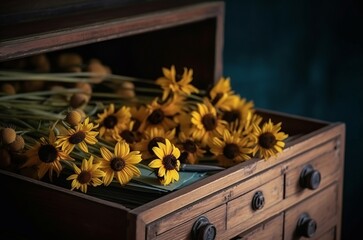 Yellow flowers in drawer. Floral love wooden plant spring. Generate AI