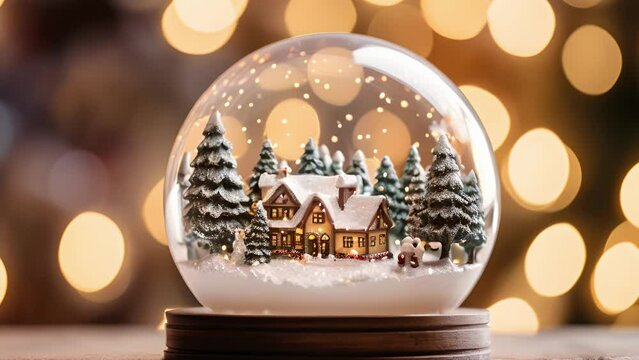Closeup of a beautiful snow globe centerpiece, featuring a classic winter scene of a quaint village nestled in the snowcovered mountains.