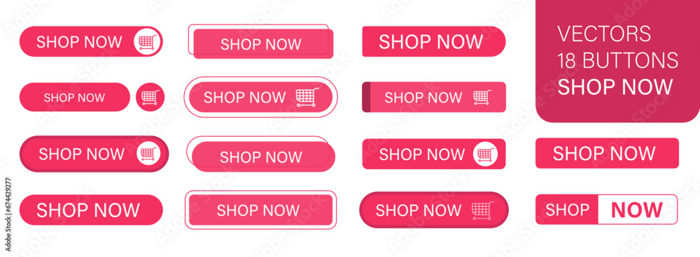 Poster the shop now is a set of simple modern buttons. push button for an application, advertisement, store
