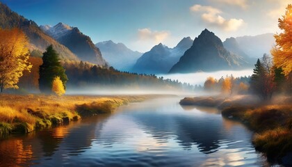 Fototapeta na wymiar Peaceful landscape lake with mountain & cloudy skies at background