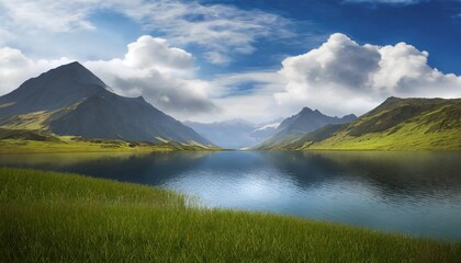 Peaceful landscape lake with mountain & cloudy skies at background
