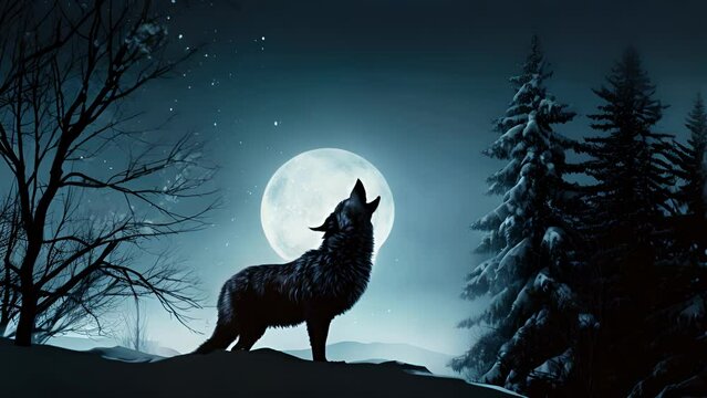A lone wolf howling at a full moon on a cold winter night, with a subtle trace of a wreath hanging from a nearby tree branch.