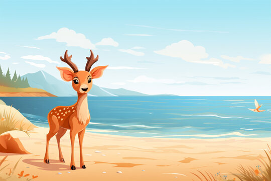 cartoon illustration of a cute deer on the beach
