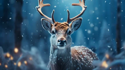 Foto auf Glas snowfall on reindeers in a forest digital art © alexkich