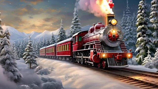 A quaint train chugging through a snowy landscape, bringing travelers home for the holidays amidst the magic of the winter season.