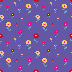 Fototapeta na wymiar Seamless floral vector pattern. Surface design with bright flowers, leaves, isolated on a violet background.