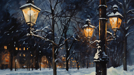 Night winter landscape in the alley of city park