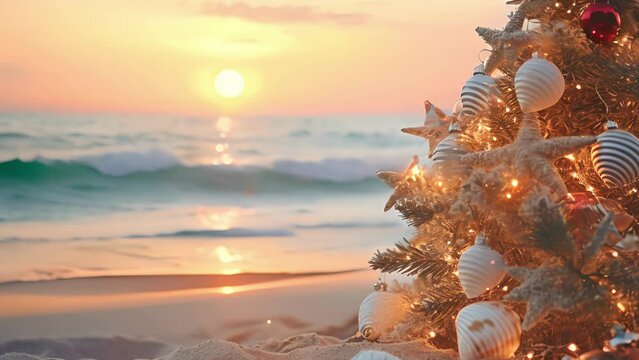 Closeup of a beautifully decorated Christmas tree with ling lights and seashell ornaments, standing on a sandy beach with crashing waves in the background.