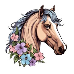 Majestic horse portrait, Graceful equine beauty, Elegant floral invitation design, Stunning horse close up, Vibrant flower arrangement, generative AI, JPG