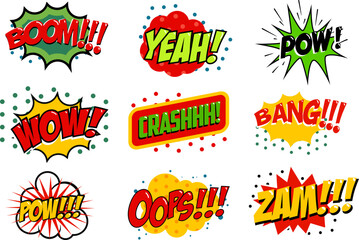 Set of comic style sound effects. Vector illustration. Pop art style phrases. Cartoon text effects.