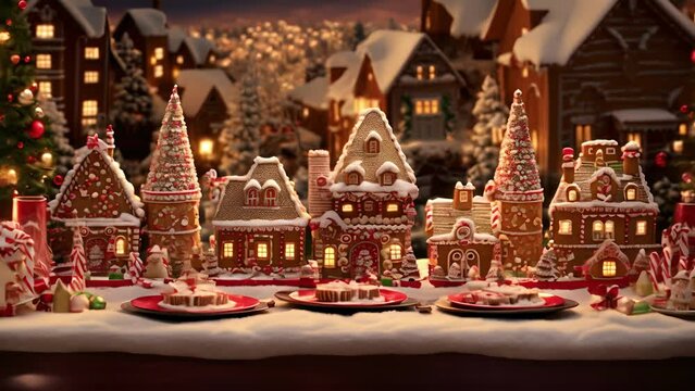 A table setting adorned with mini gingerbread houses as centerpieces, complete with frosted roofs and candy cane chimneys.