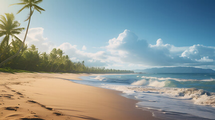 Tranquil tropical beach featuring sandy shores, palm trees, and vivid blue waters. The sun's heat radiates under the clear sky as waves calmly kiss the shore.