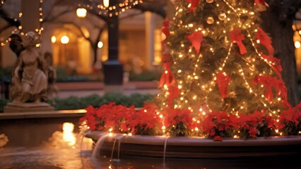 Closeup of an ornate fountain in the city center decked out in wreaths, ribbons, and a towering tree standing in the middle, reflecting the holiday spirit.