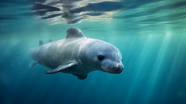 A mother Vaquita swimming alongside her calf in crystal clear waters, the bond between them evident in this high resolution 4K image.