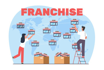 Concept of franchise business, man and woman map out stores on huge map. Open new shops in different foreign countries. marketing system. Company growth. png cartoon flat illustration