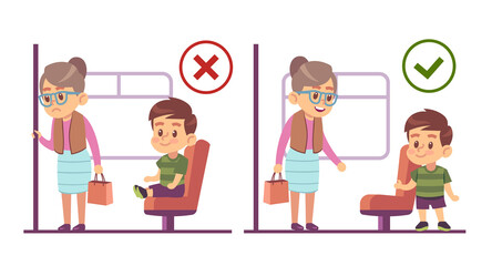Concept of respect for elders, boy gives way to older woman. Child giving up his seat in transport to grandma. Etiquette rules poster for kindergarten or school. png cartoon flat illustration