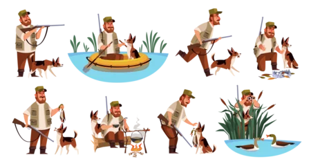 Foto op Canvas Cartoon hunter character. Funny dog and cute owner on duck hunting, sitting in boat in lake, rifle and equipment, waterfowl extraction, outdoor hobby, cooking on bonfire, tidy png set © YummyBuum