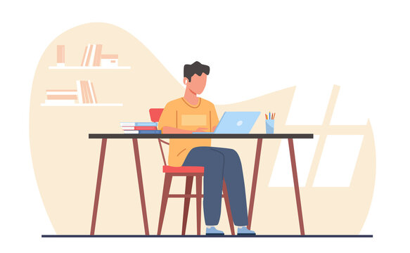 Concept of gaining knowledge online, young guy is being trained using laptop computer. Boy in headphones sitting at desk and doing homework with computer. png cartoon flat illustration