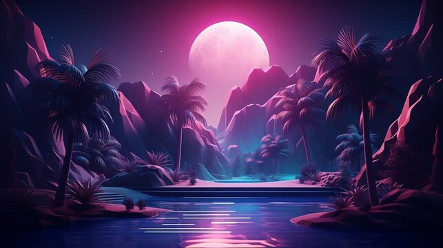 Pink and purple sunset in the tropics. Retro futuristic 80's science fiction background