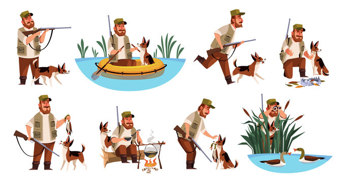 Cartoon hunter character. Funny dog and cute owner on duck hunting, sitting in boat in lake, rifle and equipment, waterfowl extraction, outdoor hobby, cooking on bonfire, tidy png set
