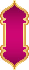 Ramadan golden frame. Islamic window shape. Arabic arch. Muslim vintage border for design with pink background. Indian decoration in oriental style.