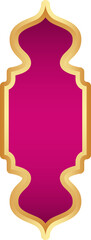 Fototapeta premium Ramadan golden frame. Islamic window shape. Arabic arch. Muslim vintage border for design with pink background. Indian decoration in oriental style.