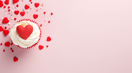 Cupcakes decorated with sugar hearts for Valentine's Day on red background - obrazy, fototapety, plakaty
