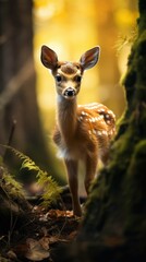 cute little sika deer playing happily in the forest