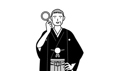 New Year's Day and weddings, Senior man wearing Hakama with crest looking through magnifying glasses