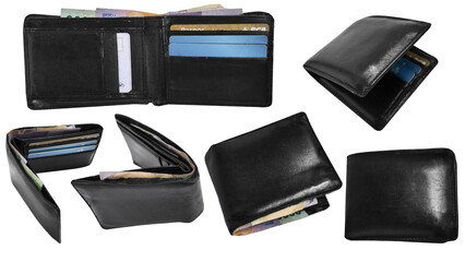 Set collection of men's black leather wallet with some money and cards in it, cut out - obrazy, fototapety, plakaty