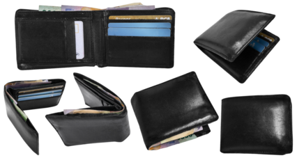 Set collection of men's black leather wallet with some money and cards in it, cut out