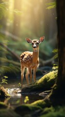cute little sika deer playing happily in the forest