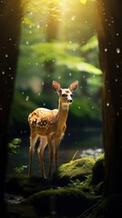 Fototapeta premium cute little sika deer playing happily in the forest