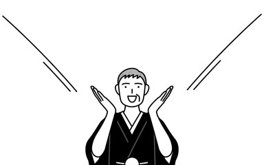 New Year's Day and weddings, Senior man wearing Hakama with crest calling out with his hand over his mouth.