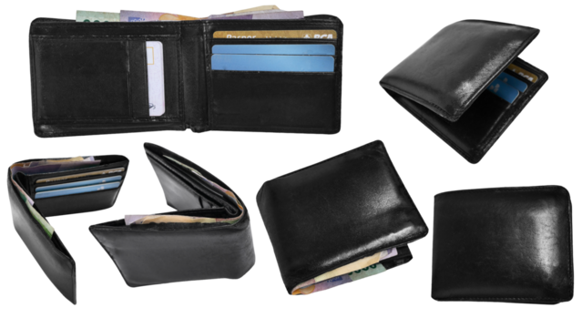 Set collection of men's black leather wallet with some money and cards in it, cut out